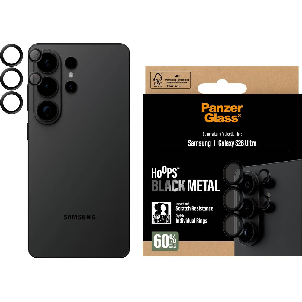 Zwarte Samsung smartphone met Panzer Glass camera lens protector verpakking.