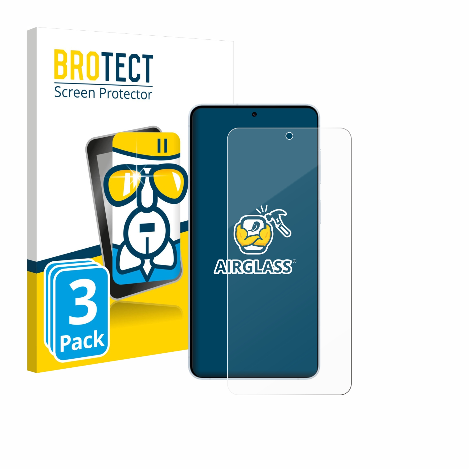 Packung mit 3 Displayschutzfolien mit Smartphone und Logo.