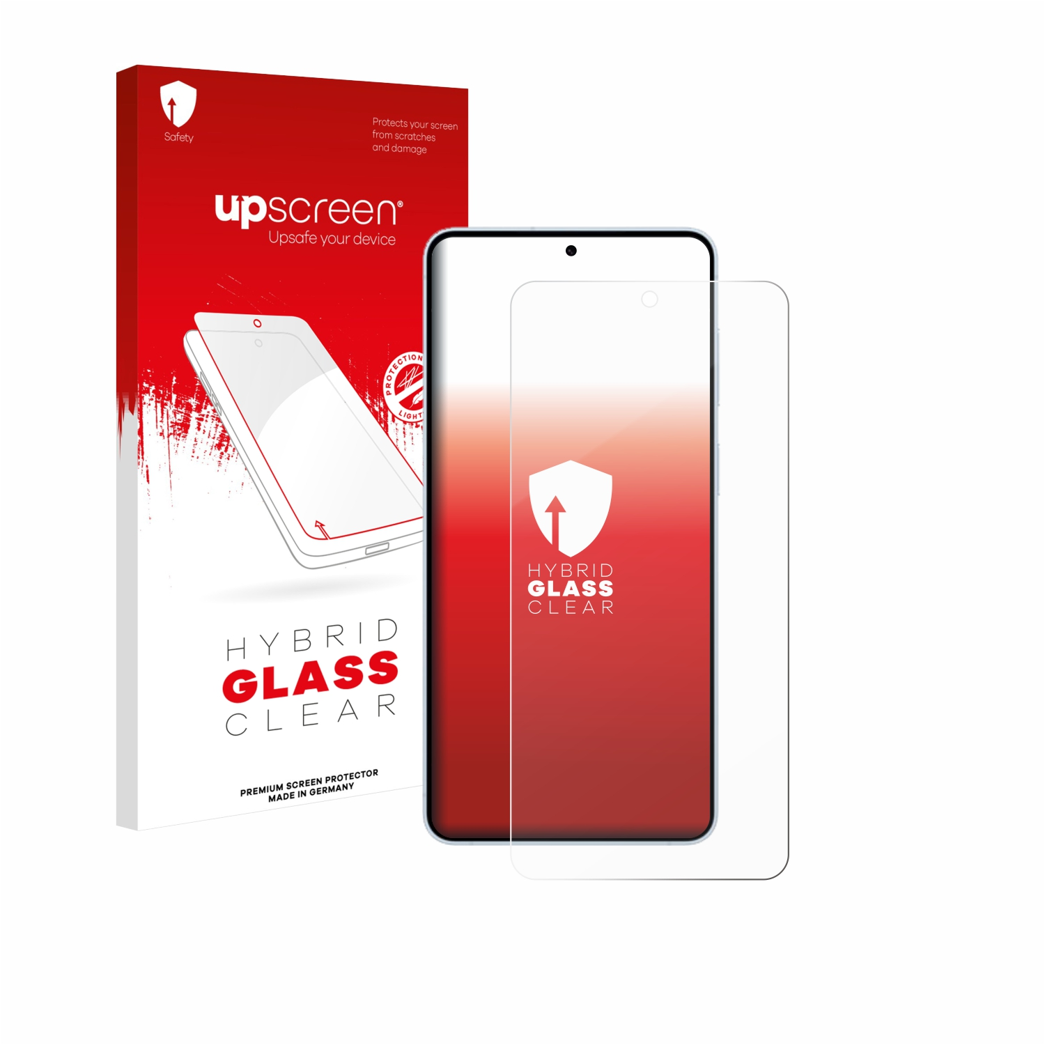Verpackung und Displayschutzfolie für ein Smartphone. Rot und Weiß.
