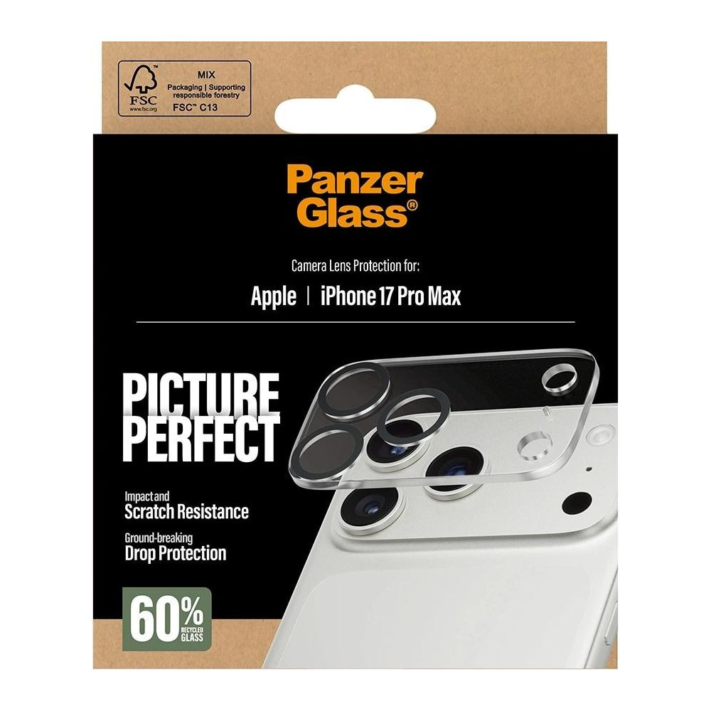 Protezione fotocamera Panzer Glass per iPhone 17 Pro Max, 60% vetro riciclato.