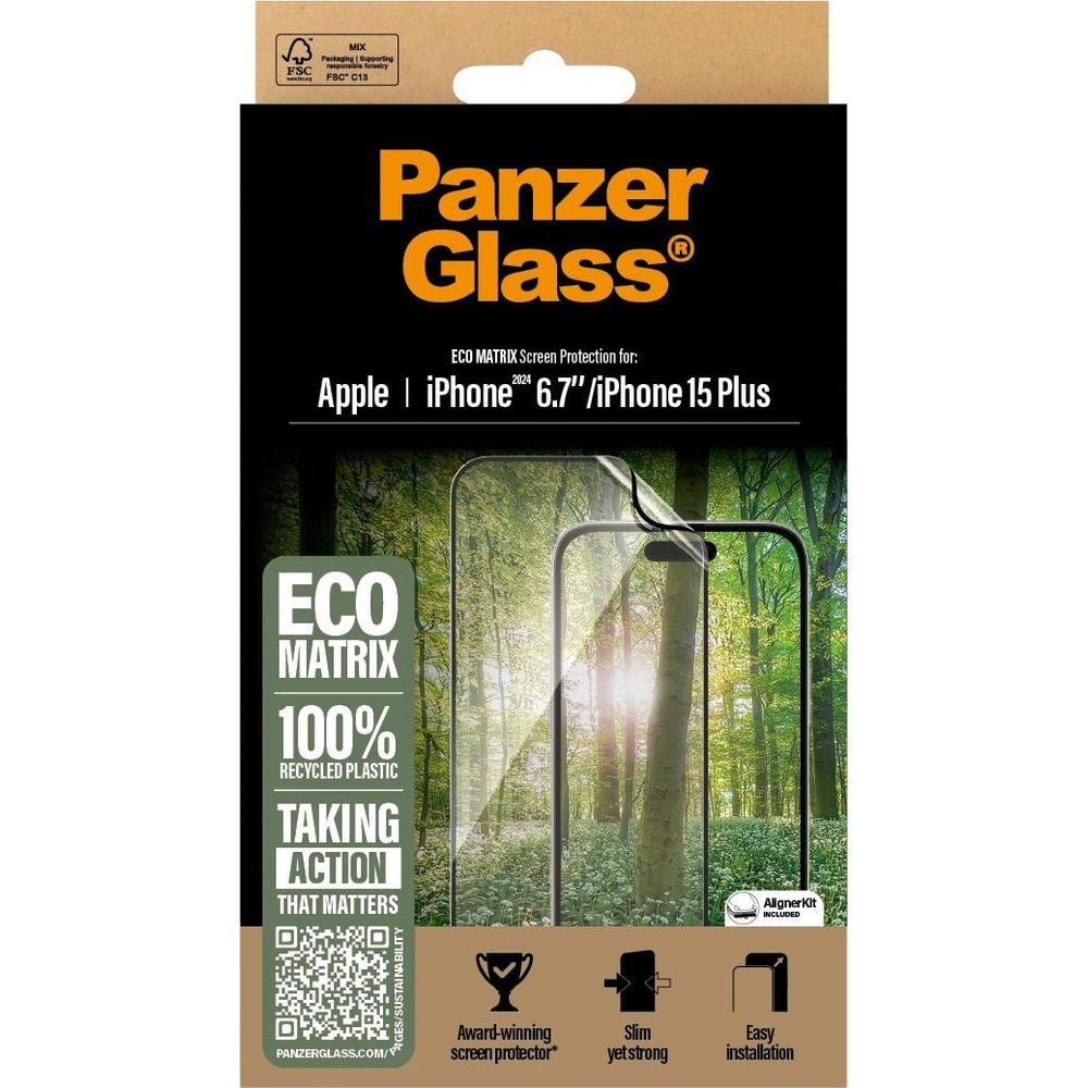 Panzer Glass per iPhone 15 Plus, con scena boschiva e logo sostenibilità.