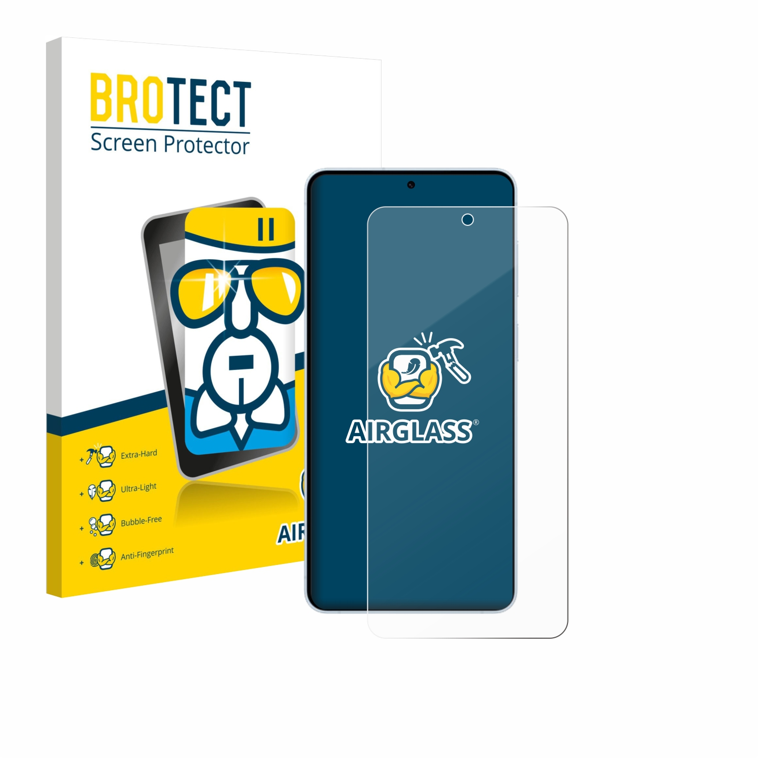 BROTECT Displayschutzfolie mit Handy und Anwendungshinweisen. Hart, leicht, blasenfrei.