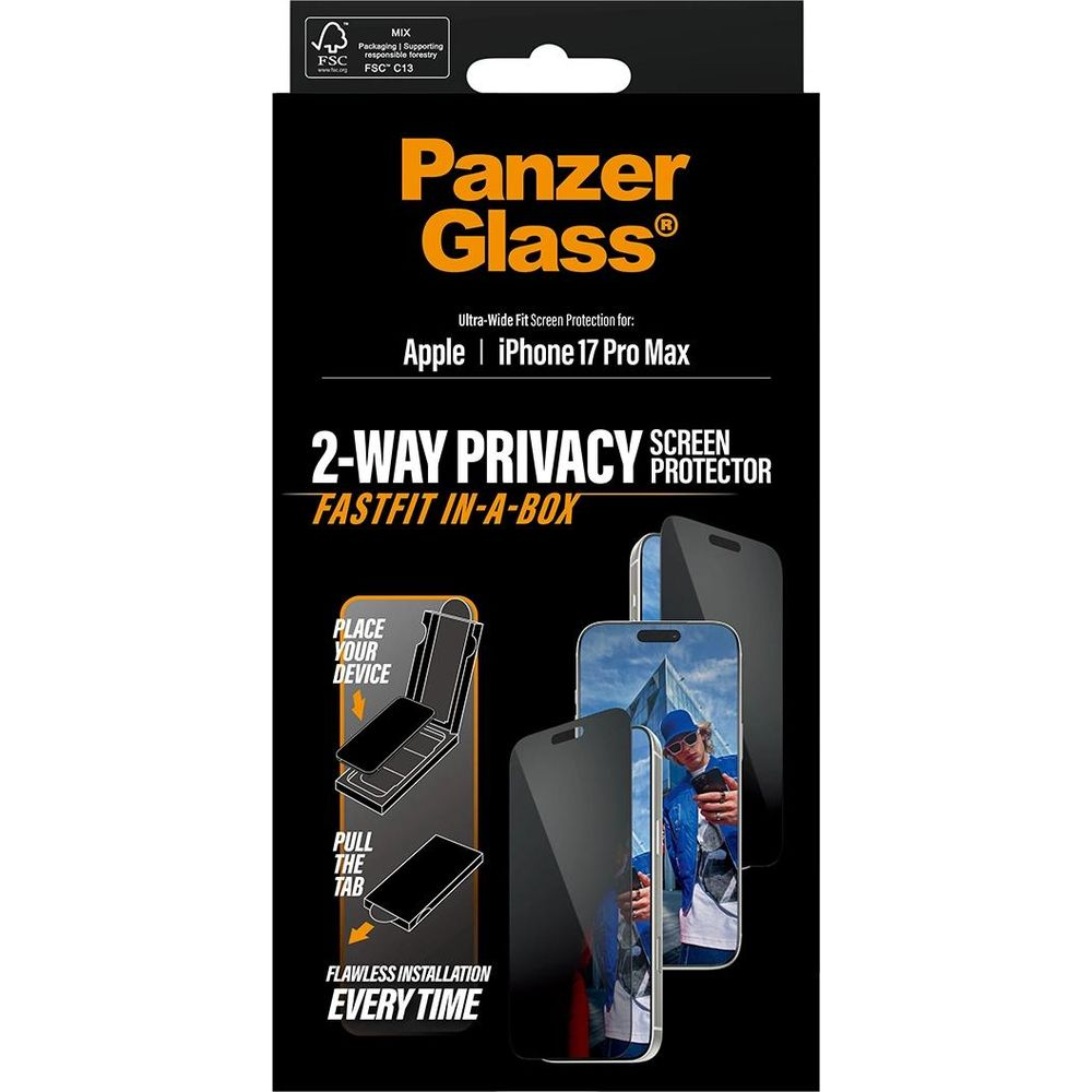 Confezione protettore schermo privacy Panzer Glass 2-Way per iPhone 17 Pro Max.