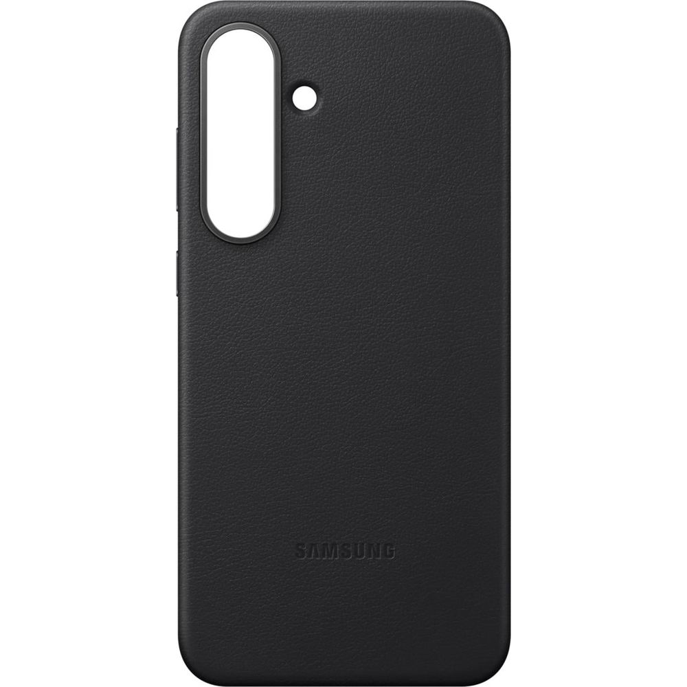 Zwarte leren telefoonhoes met camerauitsparing en logo.