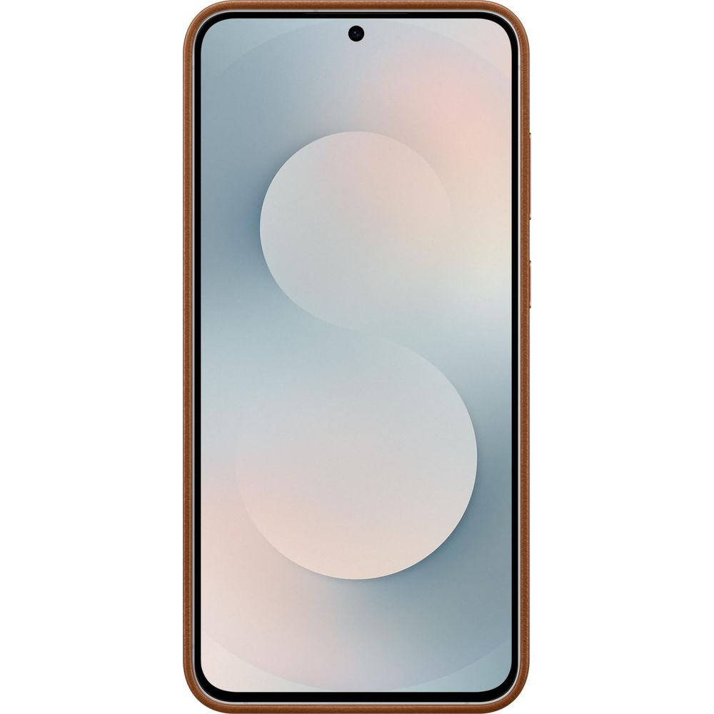 Een bruine smartphone met een moderne achtergrond op het scherm.