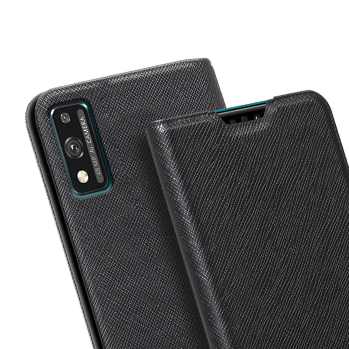 Due custodie per telefono nere testurizzate, una con fotocamera AI da 48 MP.
