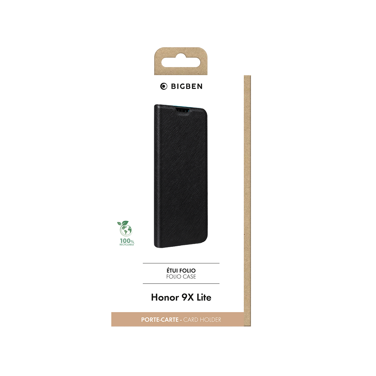 Custodia nera per Honor 9X Lite con logo "BIGBEN" e sigillo "100% RECYCLABLE".