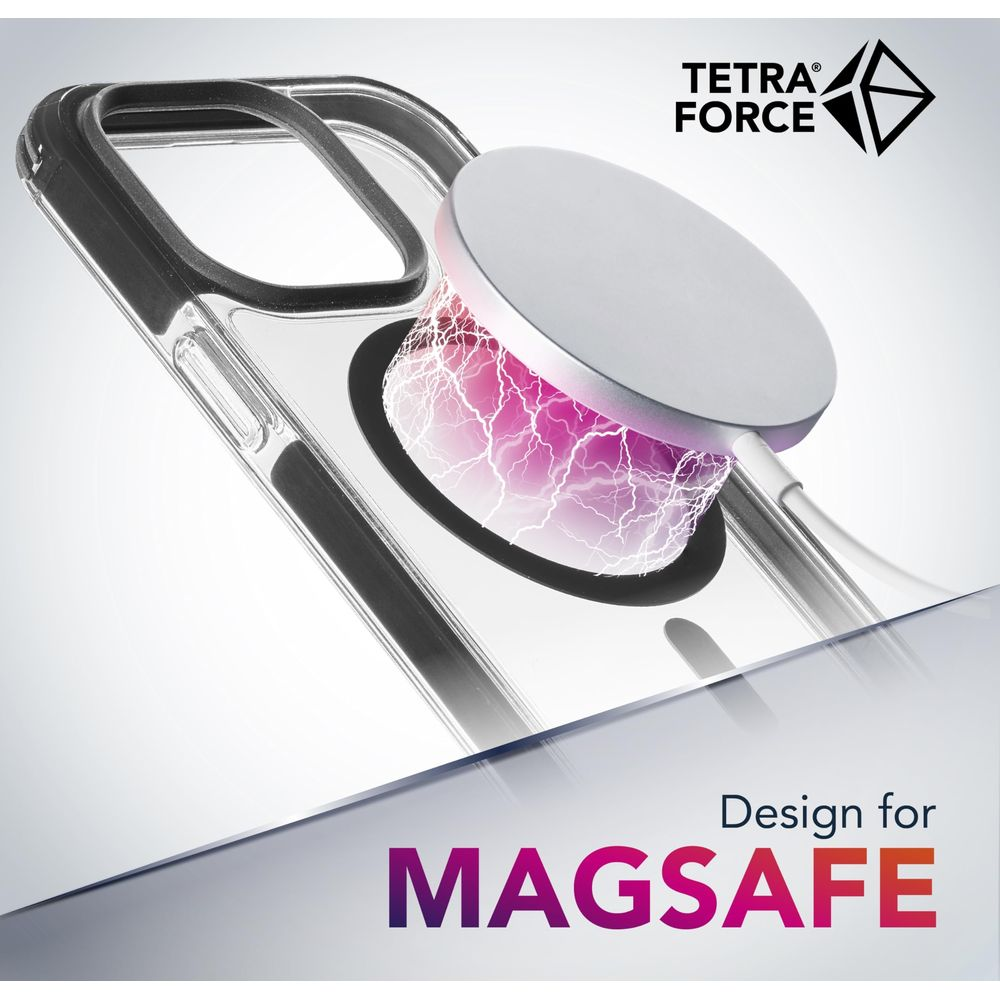 Funda transparente con cargador MagSafe emitiendo energía.