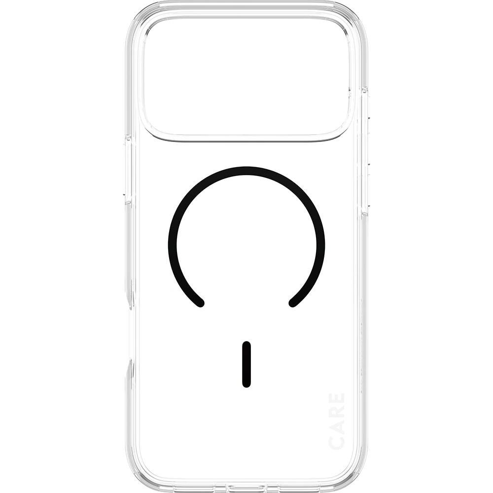 Siyah daire ve çizgi tasarımlı şeffaf telefon kılıfı.