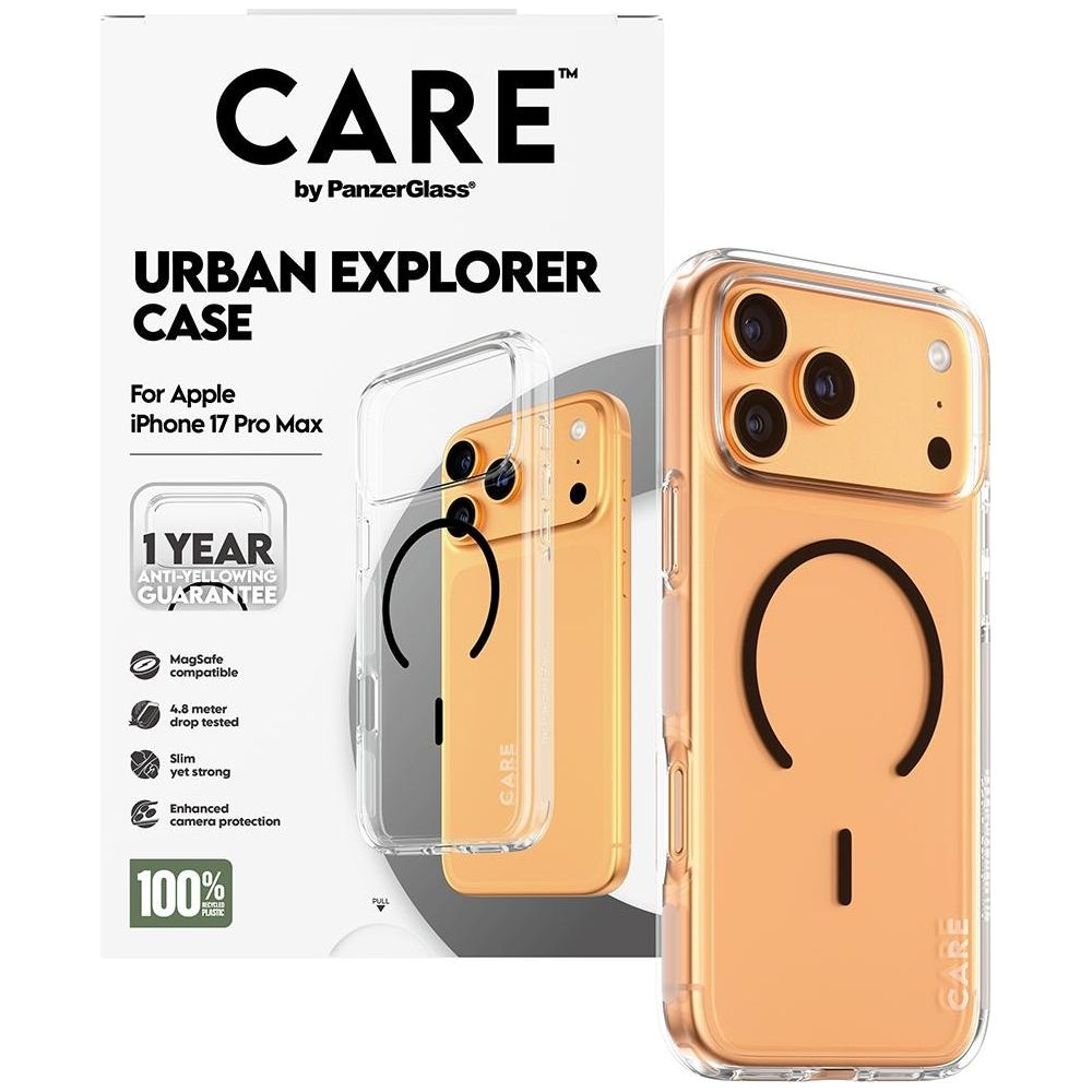 Turuncu telefon ve CARE logosu bulunan iPhone 17 Pro Max için şeffaf kılıf.