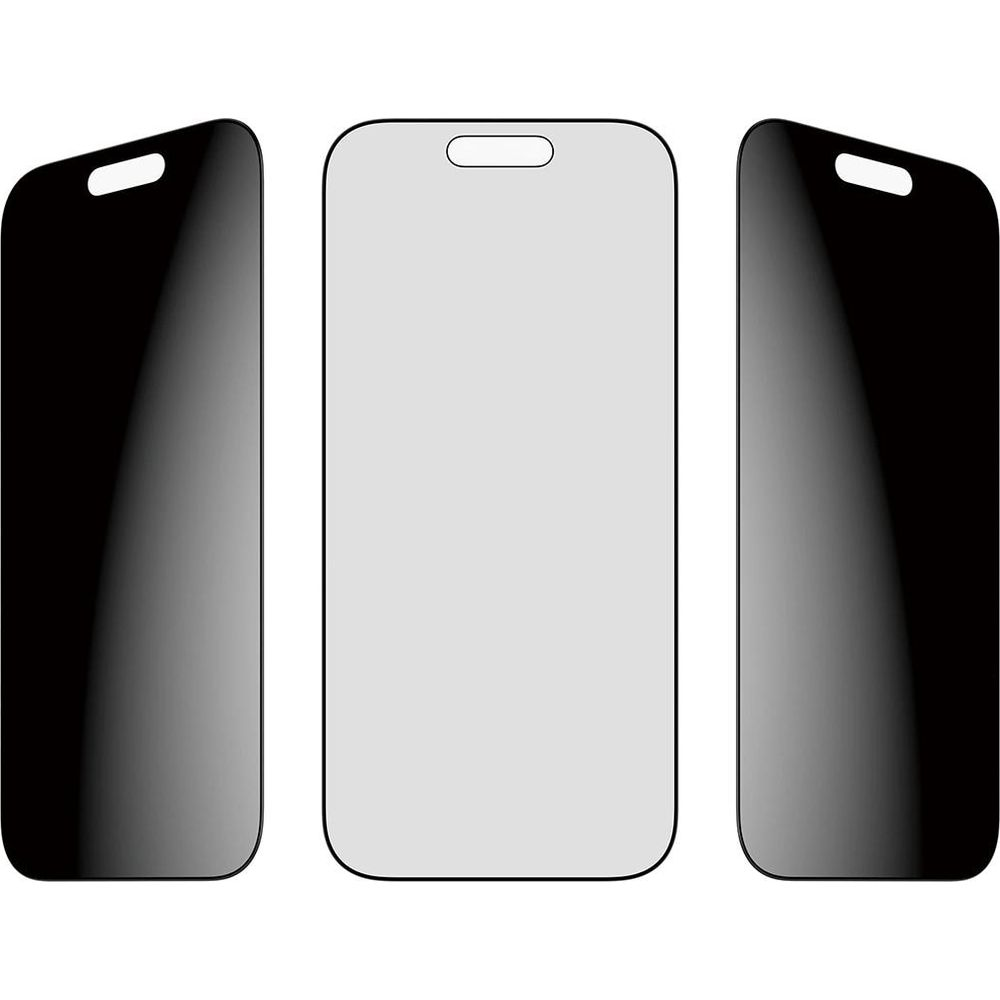 Üç telefon ekran koruyucu. Biri ortada, ikisi yanlarda. Beyaz arka plan.