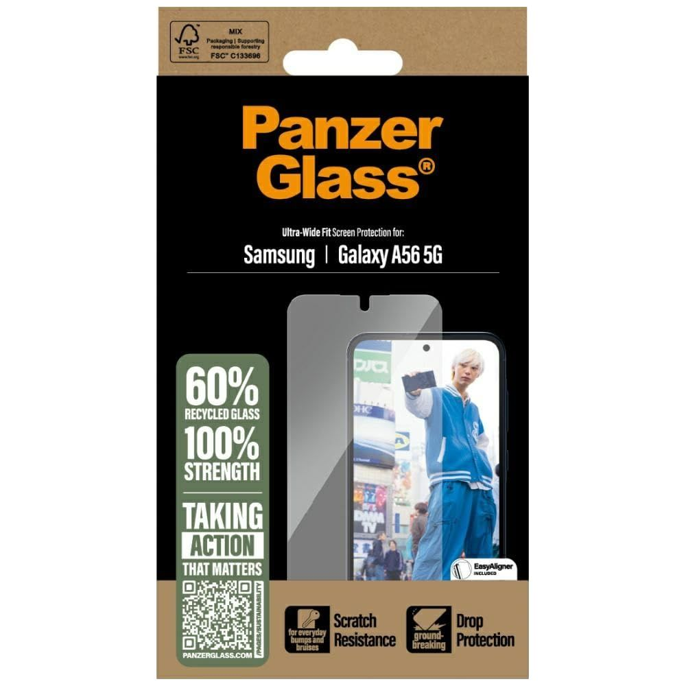 Panzer Glass screenprotector verpakking voor Samsung Galaxy A56 5G. Met 60% gerecycled glas & 100% sterkte.