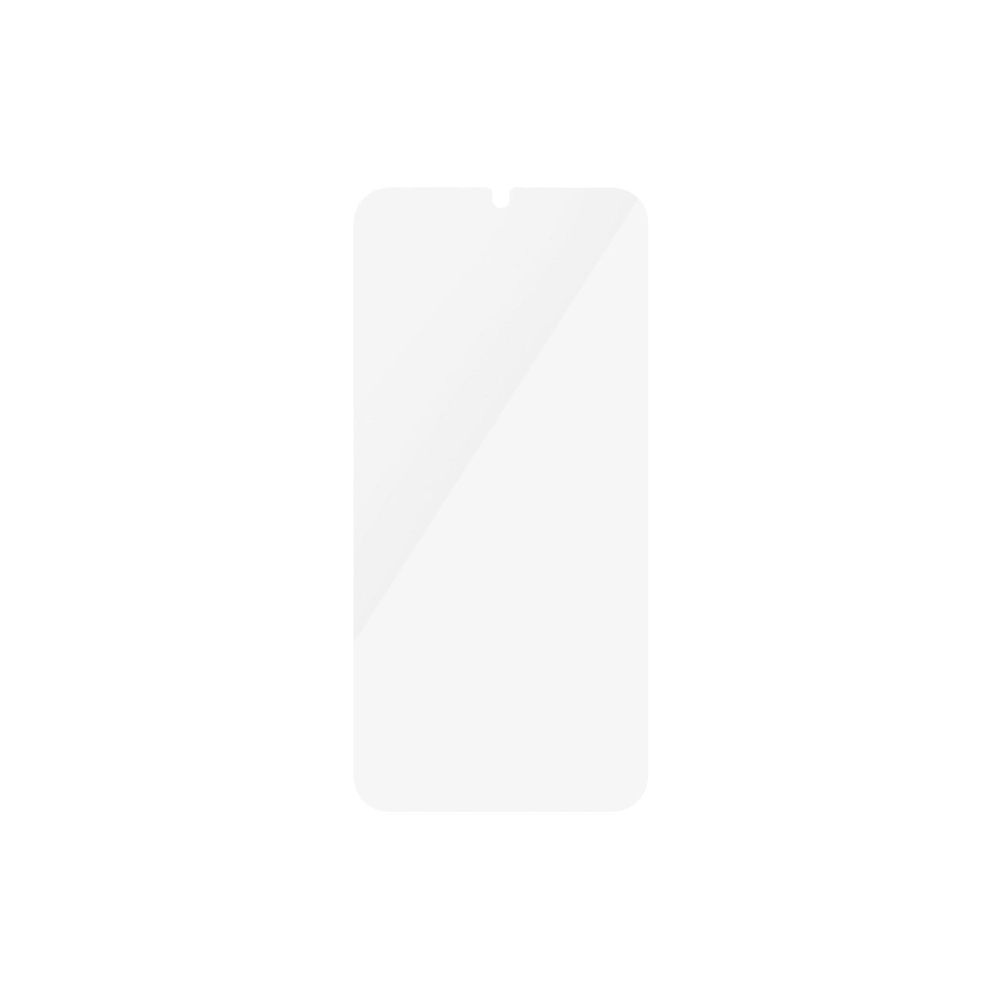 Een transparante screenprotector voor een smartphone, met uitsparing bovenaan.