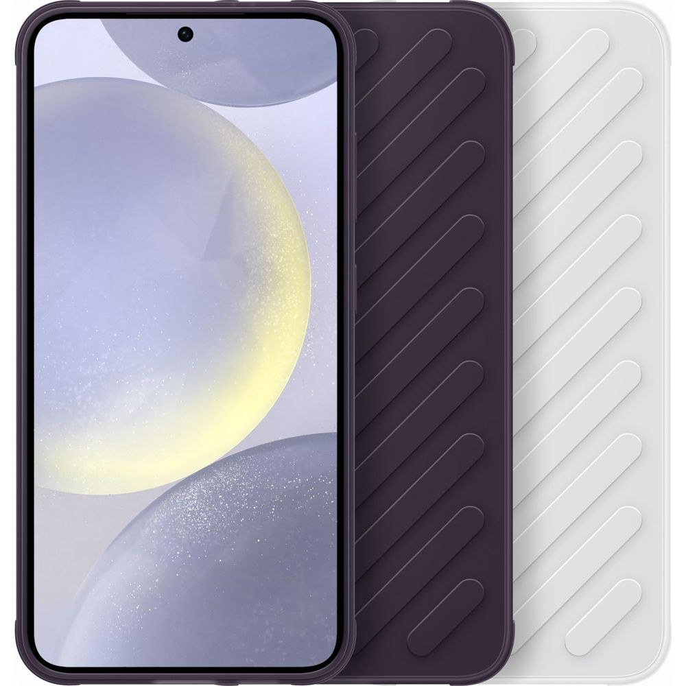 Drie telefoonhoesjes naast elkaar: één paars, één donkerpaars met groeven, één wit met groeven.
