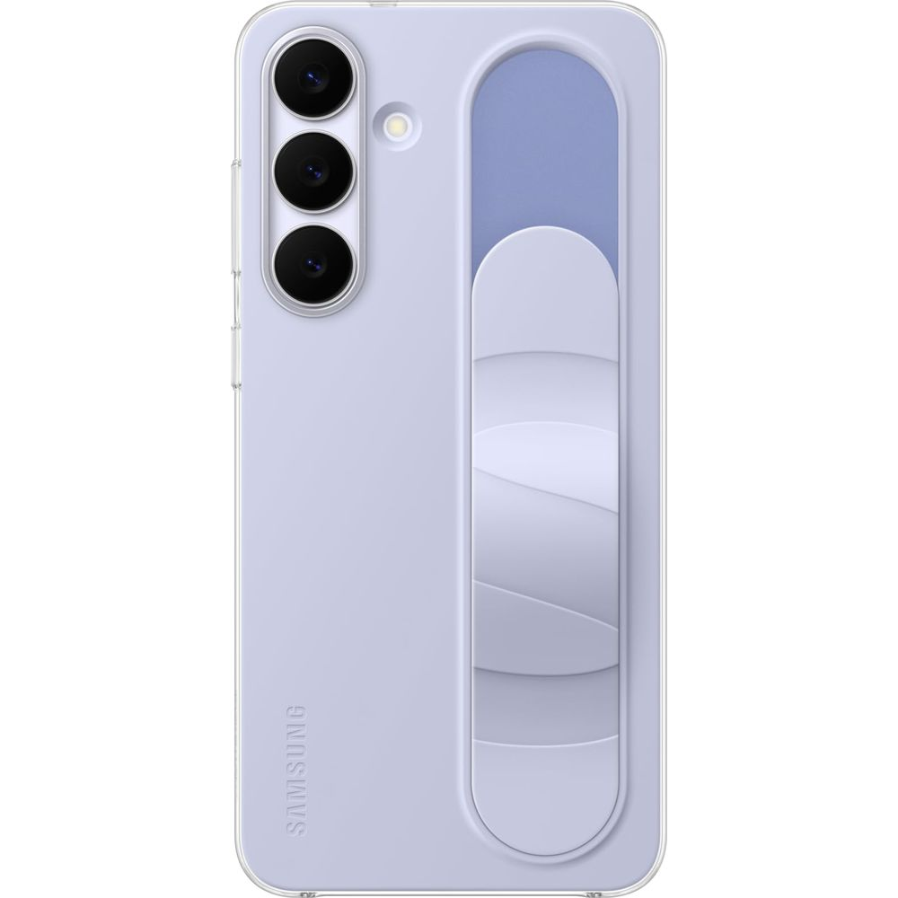 Un teléfono Samsung lavanda con tres cámaras y una correa en la parte trasera.