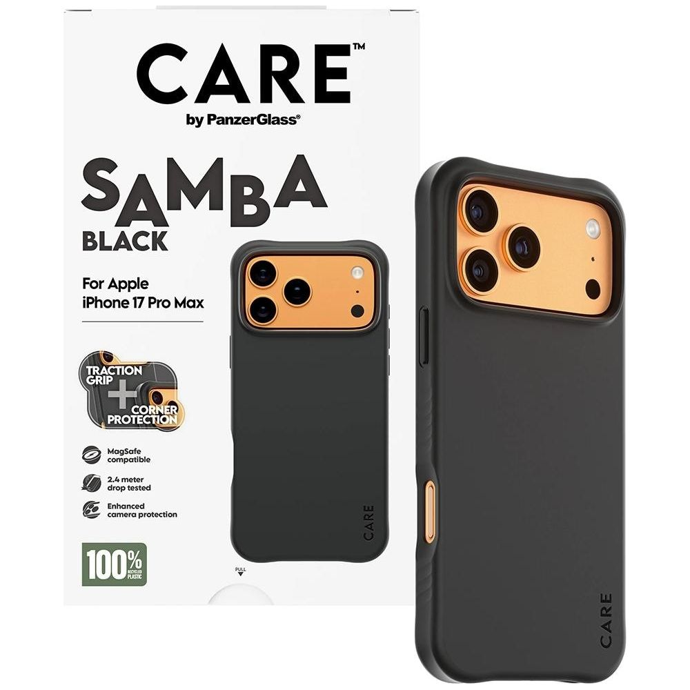 CARE logolu siyah iPhone 17 Pro Max kılıfı, MagSafe uyumlu.