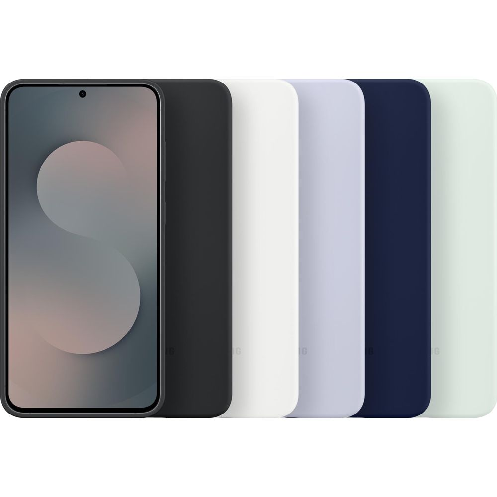 Uno smartphone con schermo scuro, accanto a cinque custodie per telefono di colori diversi.