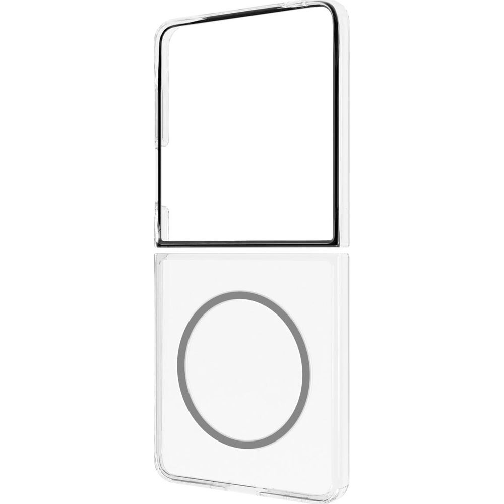 Una funda transparente con borde negro arriba y un círculo dentro.