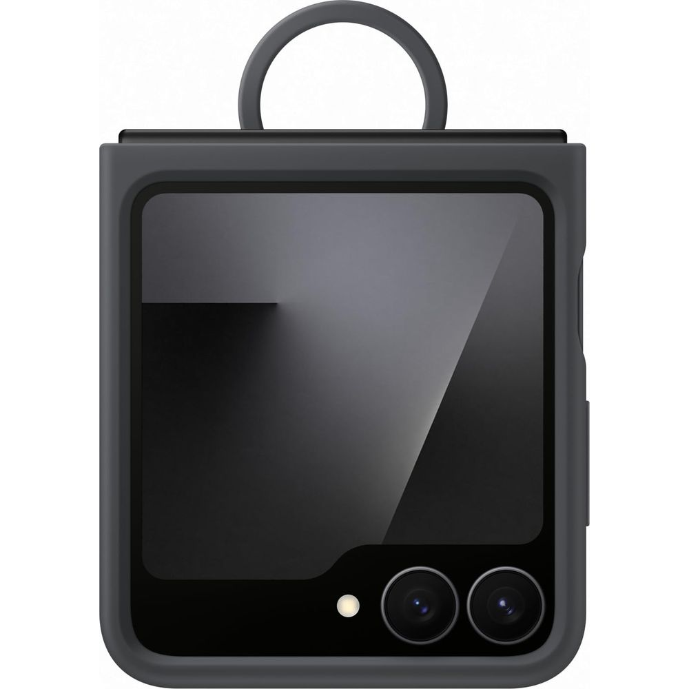 Szare etui na smartfona z pętlą i dwoma tylnymi aparatami, na białym tle.