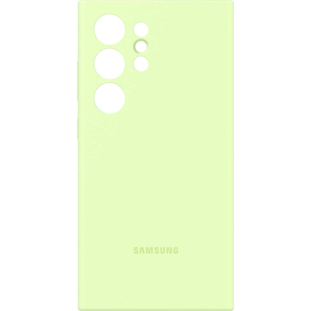 Jasnozielone etui na telefon z wycięciami na aparat i logo Samsung.