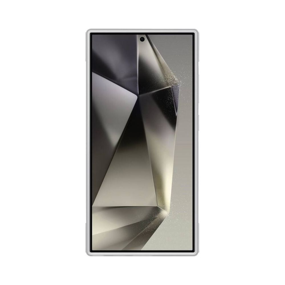 Een smartphone met een abstracte, facetachtige achtergrond in grijs-witte tinten.