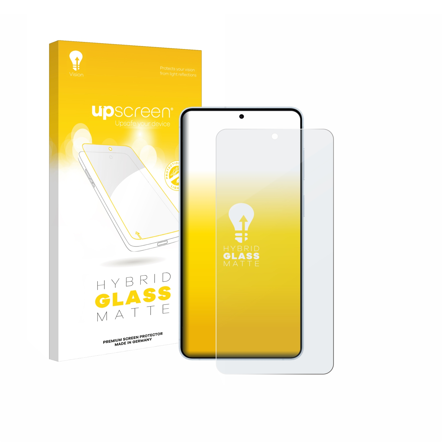 Verpackung und Displayschutzfolie für ein Smartphone. Gelb und Weiß.