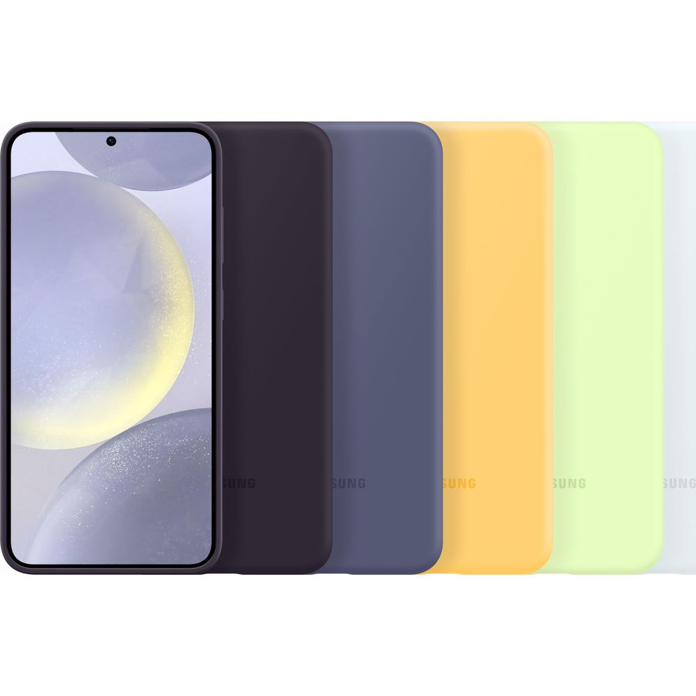 Smartfon z ciemną obudową, obok cztery kolorowe etui na telefon: granatowe, niebieskie, żółte i zielone.
