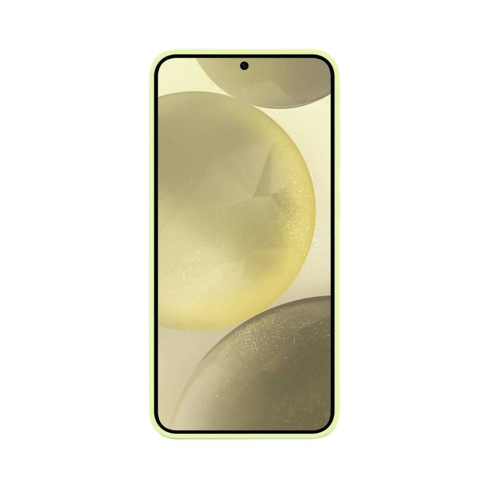 Jasnozielony smartfon wyświetla tło z błyszczącymi żółtymi i szarymi kulami.