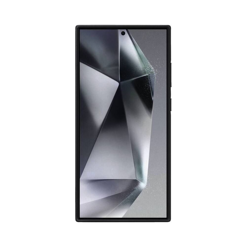 Een zwarte smartphone met een abstracte, geometrische grafiek op het scherm.