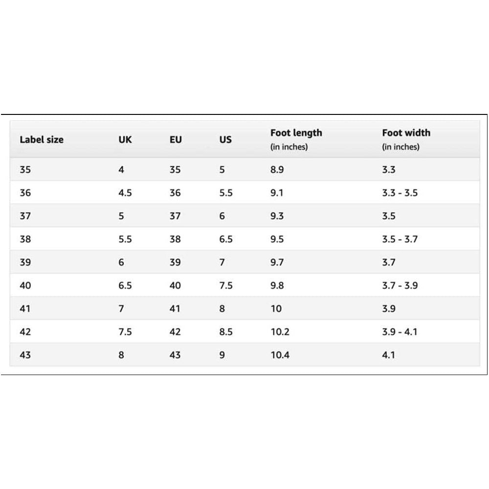 Tabla de tallas con tallas de calzado en UK, UE, EE. UU., longitud y ancho del pie.