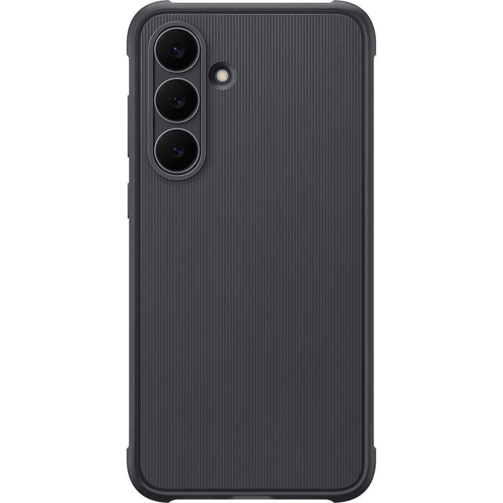 Funda de teléfono gris oscuro con estrías verticales y tres lentes de cámara.