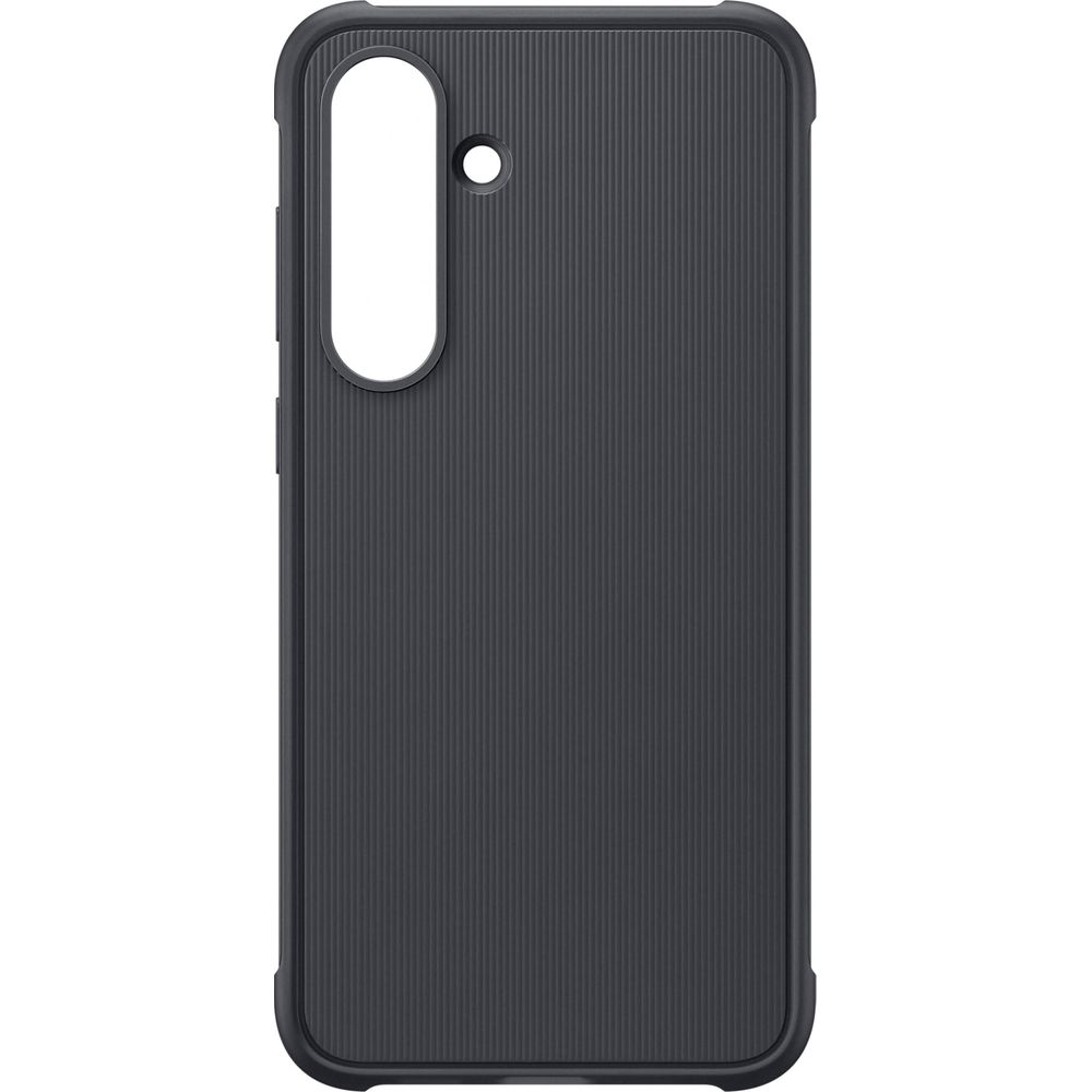 Funda de teléfono gris oscuro con ranuras verticales y recorte para cámara.