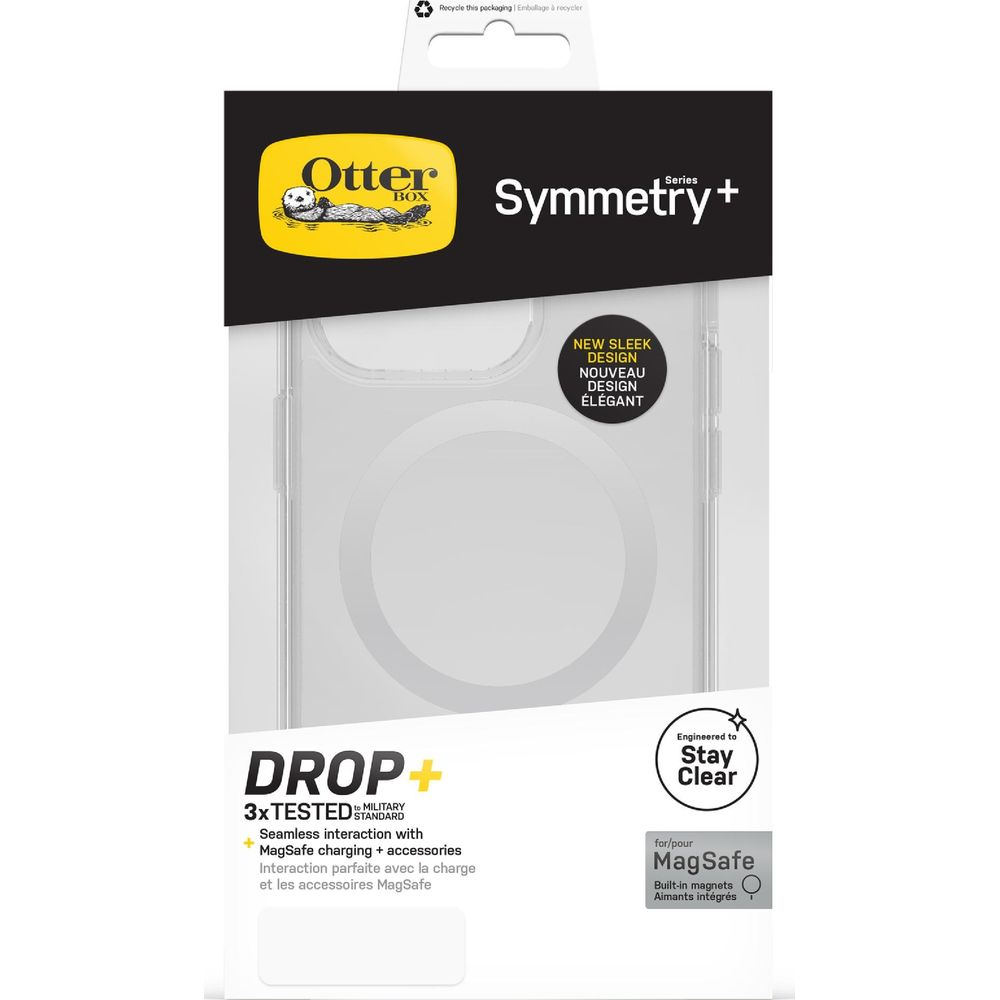 Coque OtterBox Symmetry+ avec MagSafe. Emballage transparent montre la coque.
