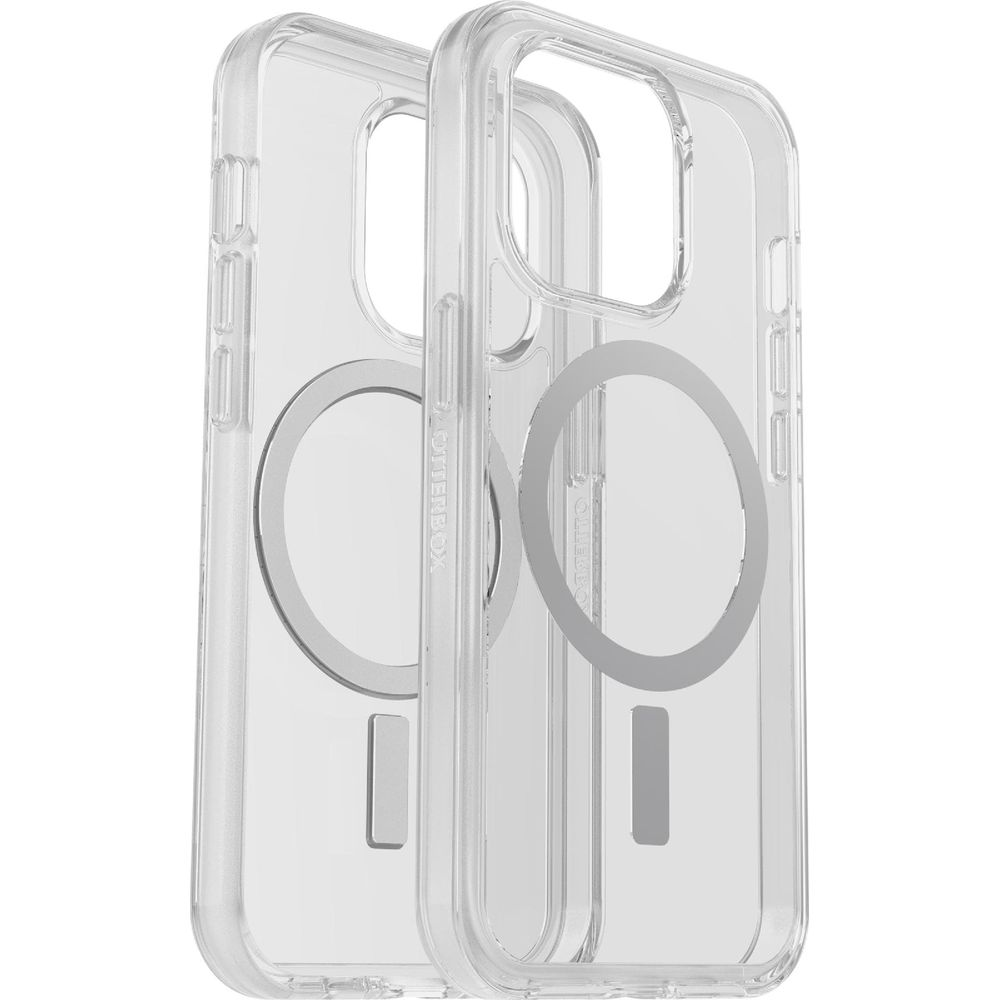 Deux coques transparentes Otterbox pour téléphone avec anneaux MagSafe sont présentées.