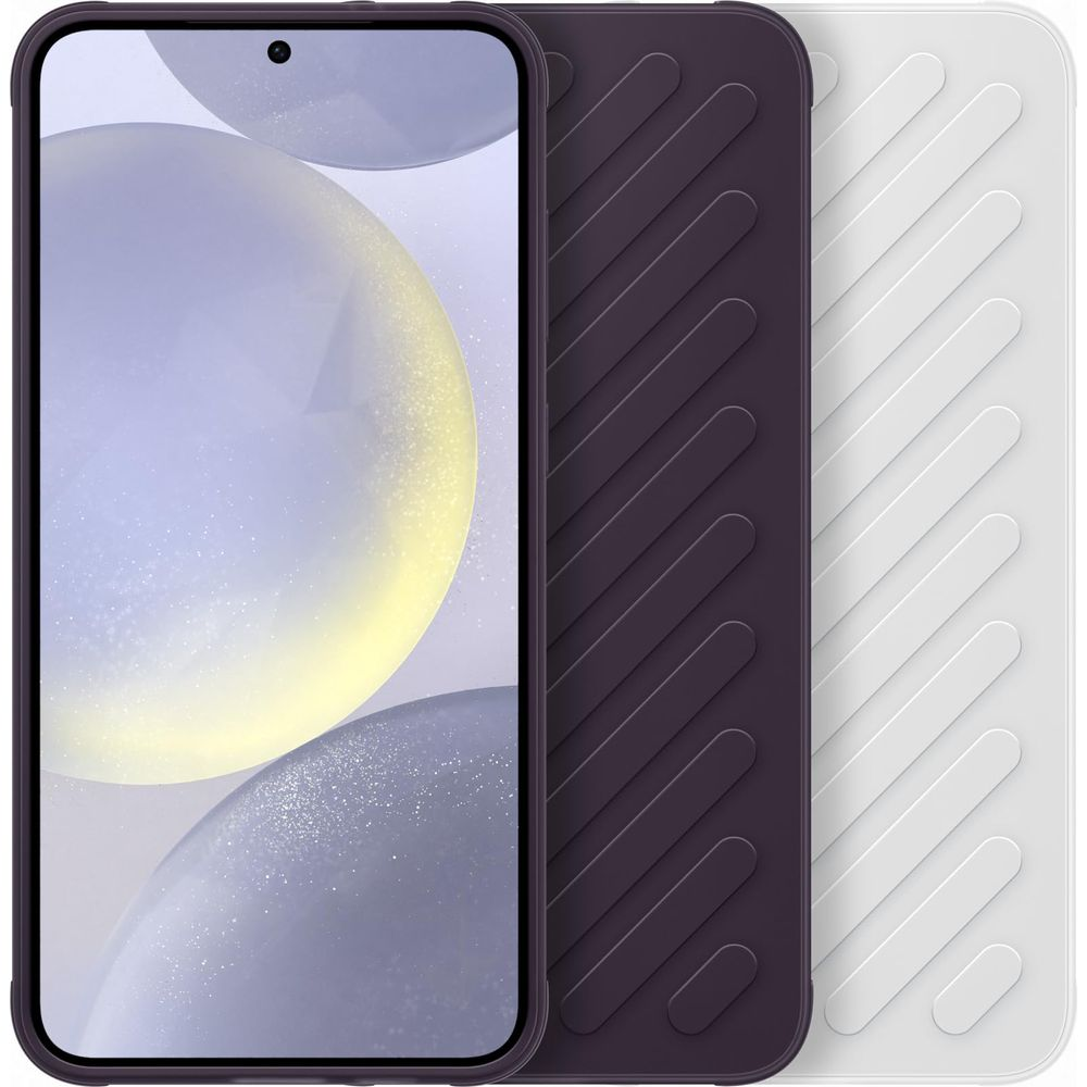 Un smartphone con una funda trasera morada y blanca al lado.