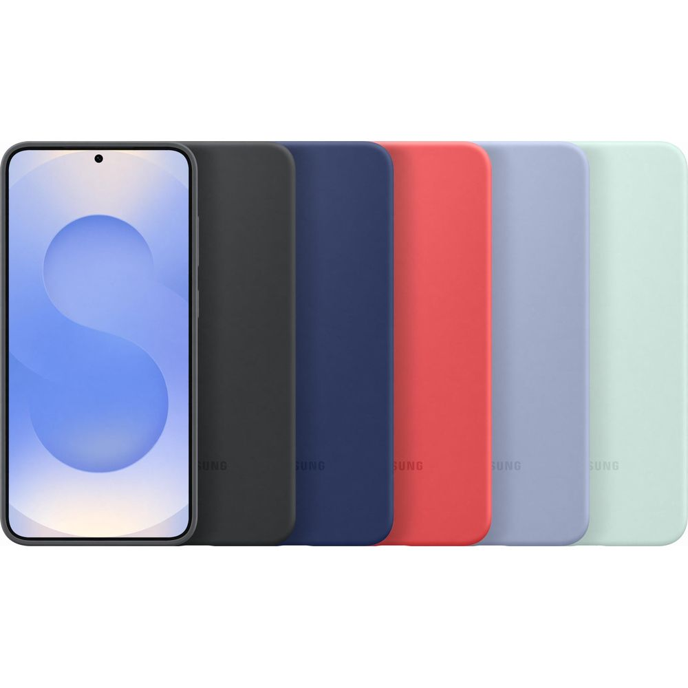 Smartfon z niebieskim "S" i obok pięć etui na telefon w różnych kolorach.