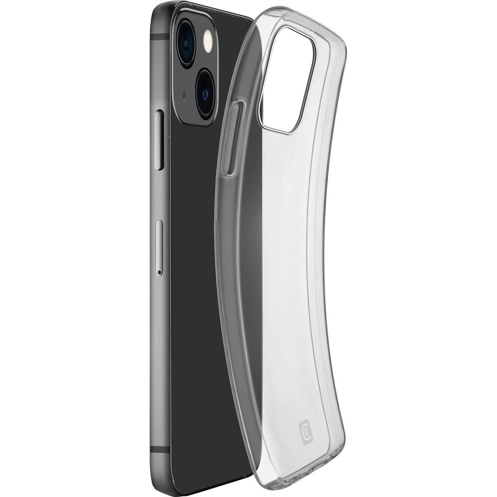 Una custodia trasparente per telefono giace accanto a uno smartphone scuro.