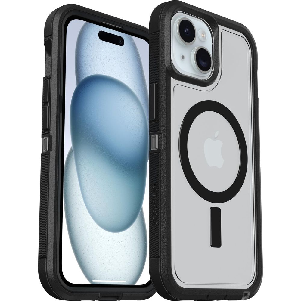 Een zwarte iPhone in een doorzichtige hoes met een zwarte ring aan de achterkant.