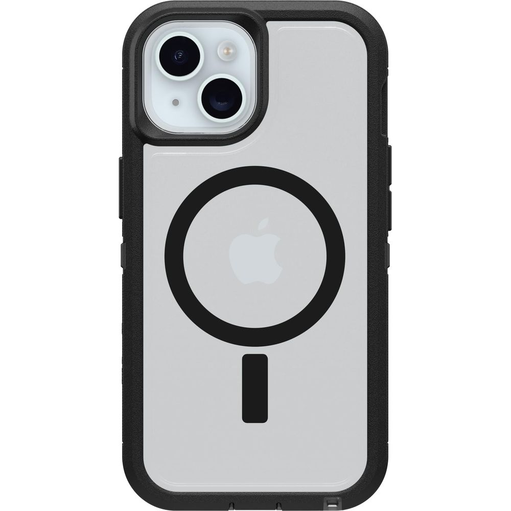 Een zwart-grijze iPhone case met doorzichtige achterkant en Apple logo.