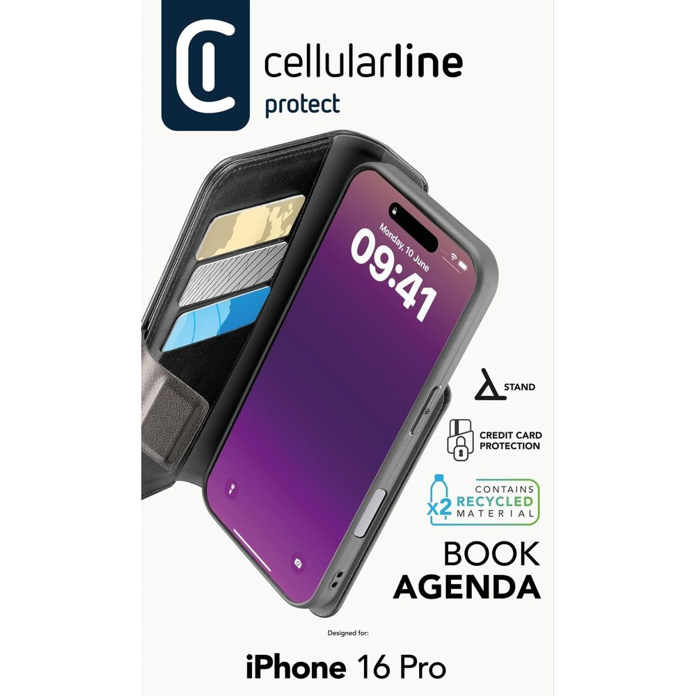 Una custodia Book Agenda per iPhone 16 Pro con slot per carte e icona riciclata.