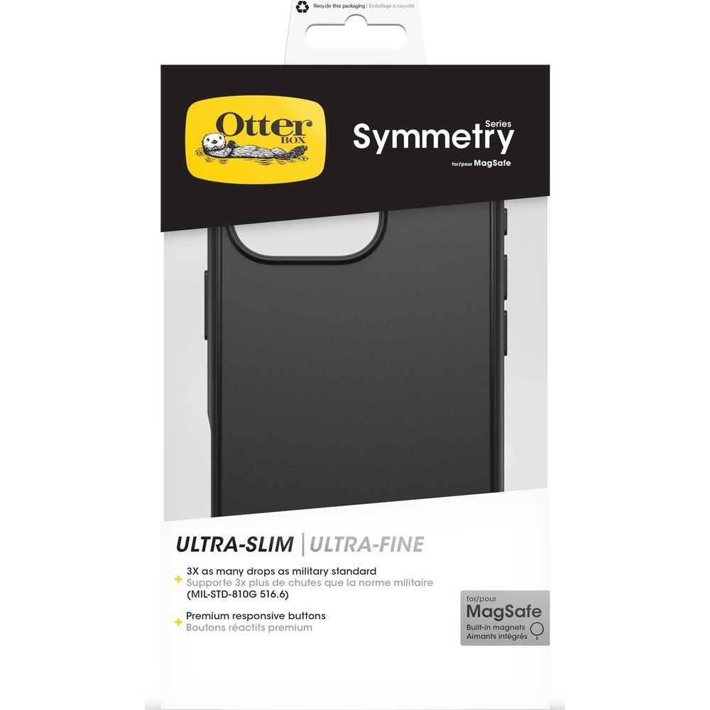 Coque OtterBox Symmetry noire pour MagSafe, ultra-fine avec détails sur protection et boutons.