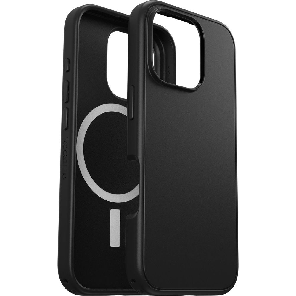 Deux coques de téléphone noires côte à côte, une avec un anneau magnétique.