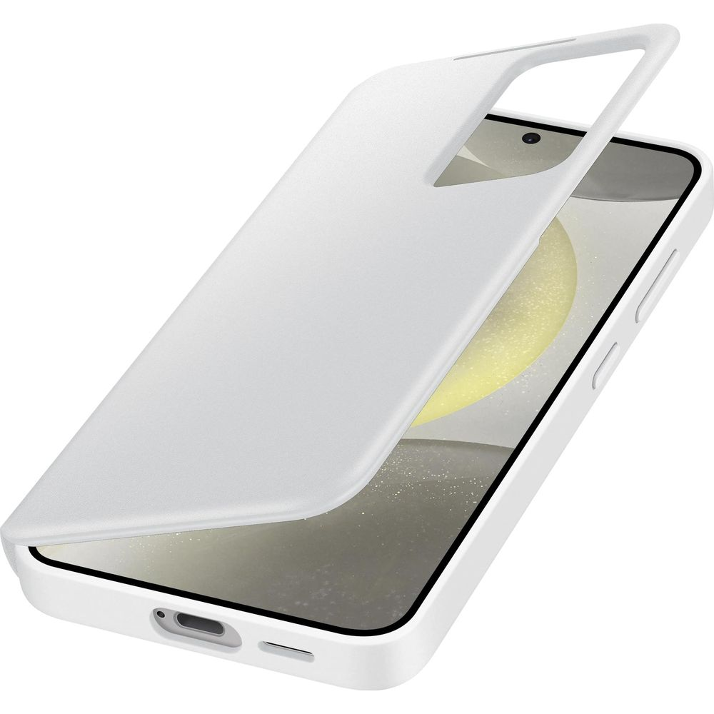 Białe etui na telefon wsuwa się na smartfon z żółtym tłem.