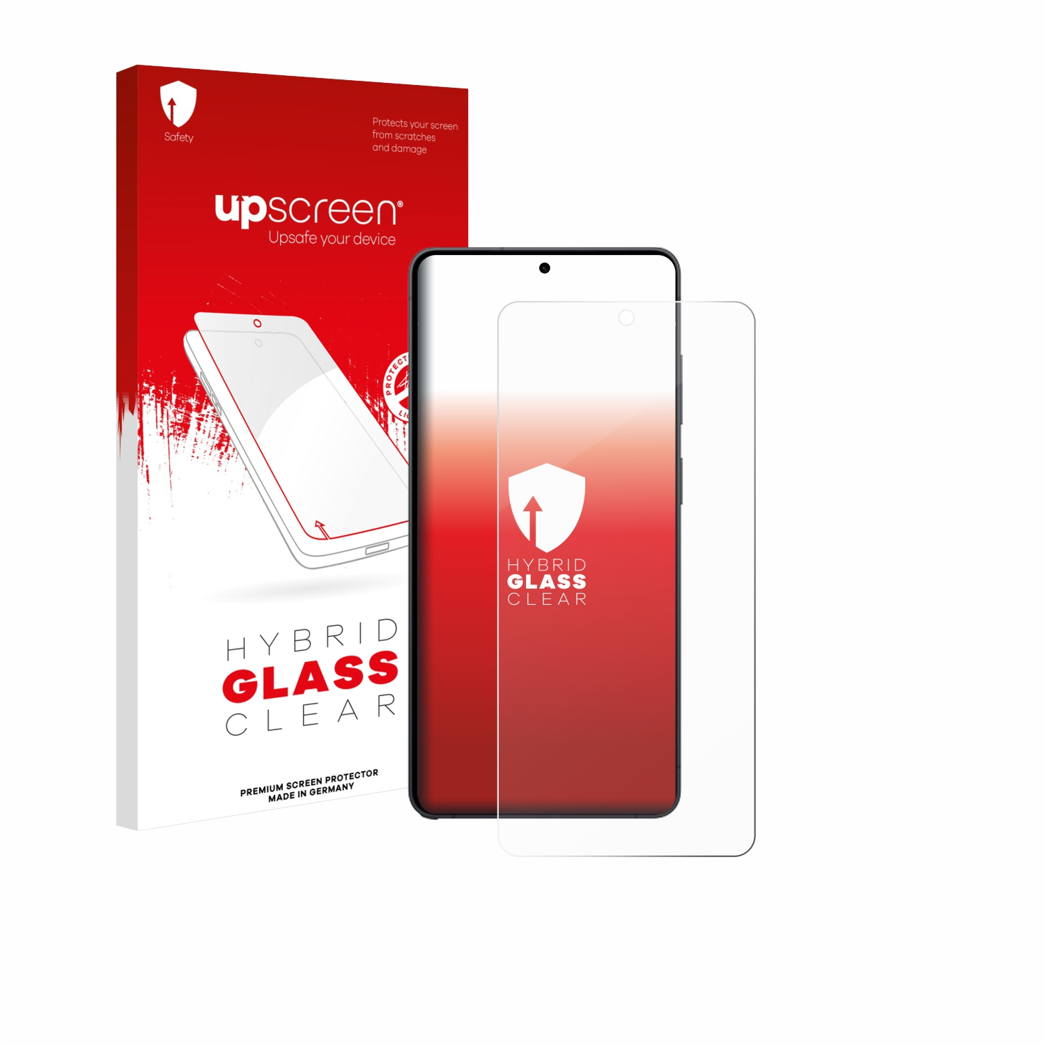 Verpackung und Displayschutzfolie für ein Smartphone. Rot und Weiß mit Text.