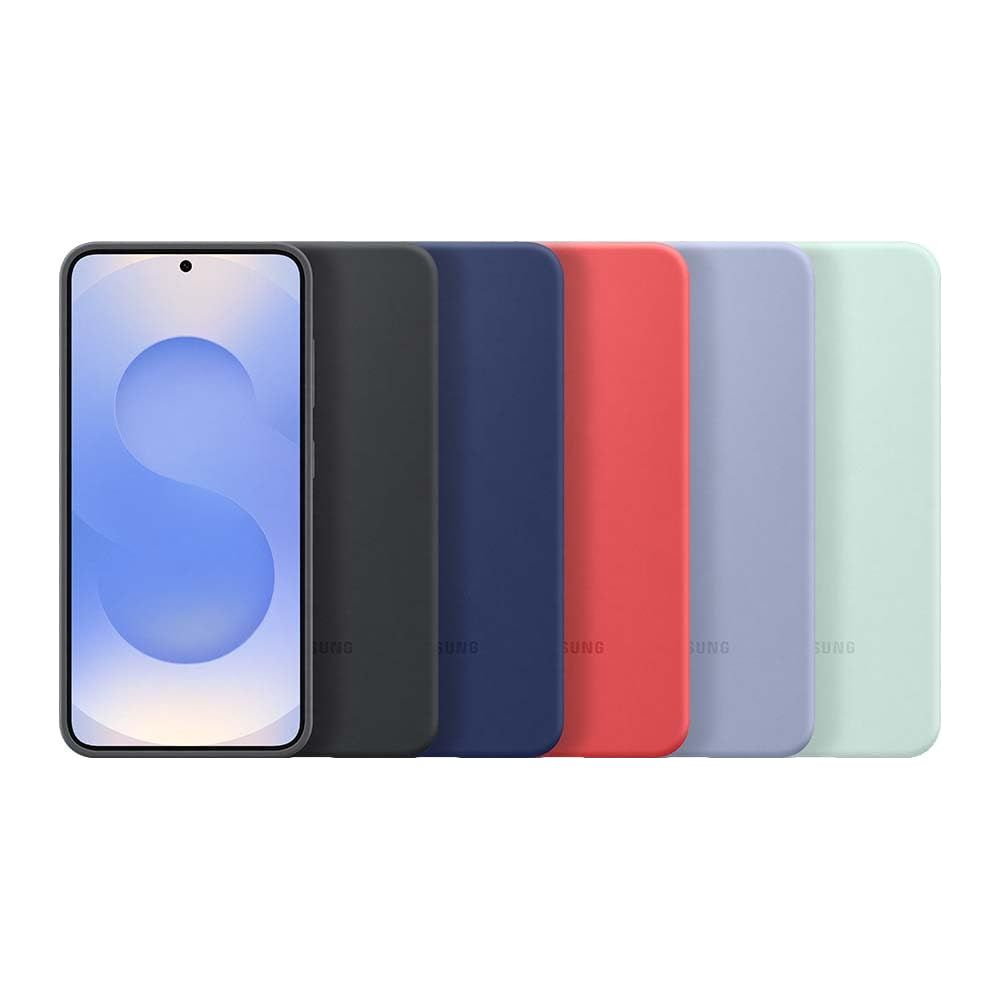 Smartfon z niebieskim ekranem otoczony pięcioma kolorowymi etui.