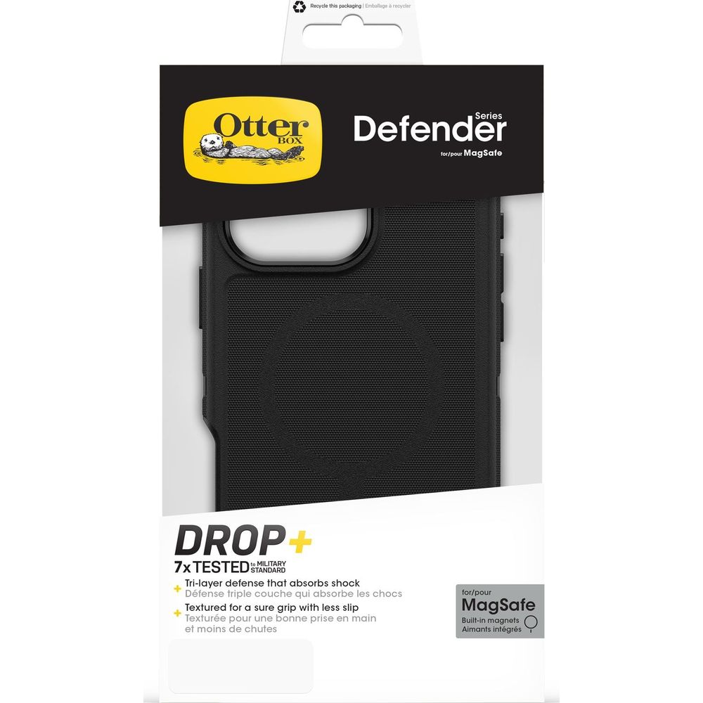 Schwarze Otterbox Defender Hülle für MagSafe mit Textur und Fallschutz.
