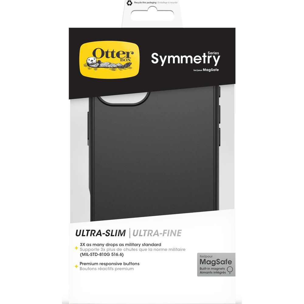 Coque noire OtterBox Symmetry pour MagSafe, ultra-mince et fine.