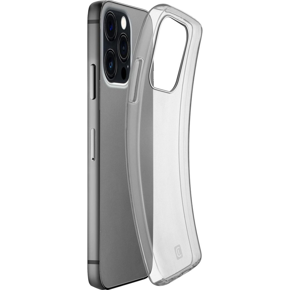 Una funda transparente descansa junto a un smartphone gris con lentes.