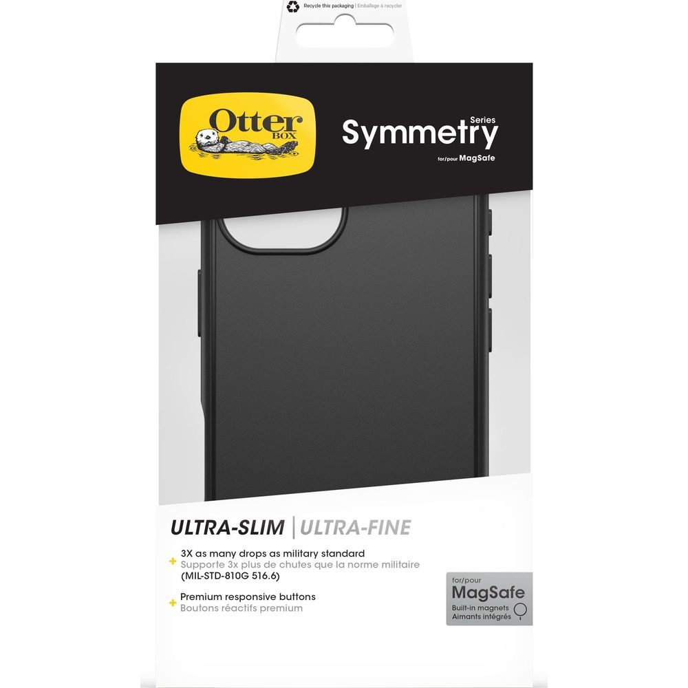Coque noire Otter Symmetry avec logo et texte MagSafe.