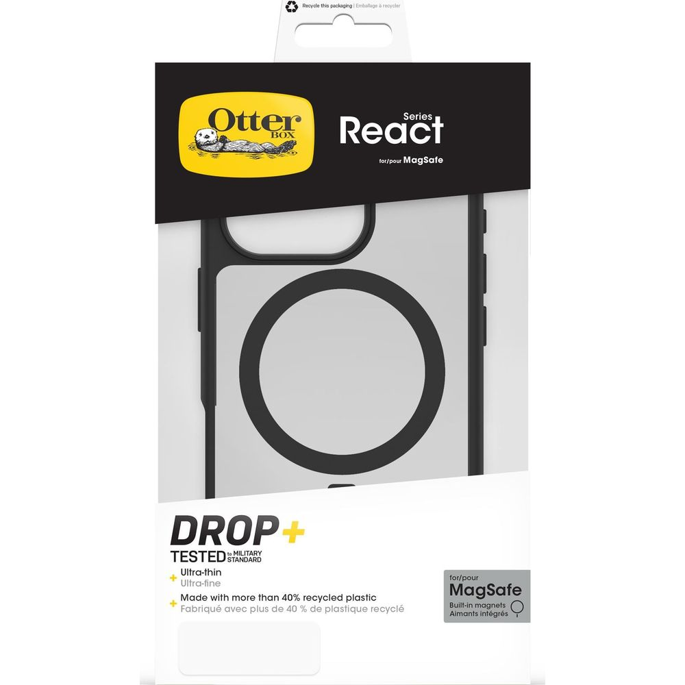 Confezione Otterbox React per MagSafe, testata contro le cadute e plastica riciclata.